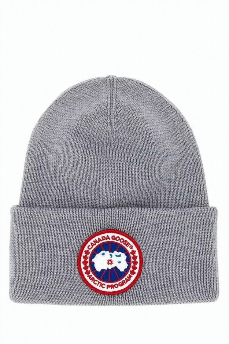 Canada Goose Knitted Grey Beanie With Embroidered Emblem And Folded Cuff