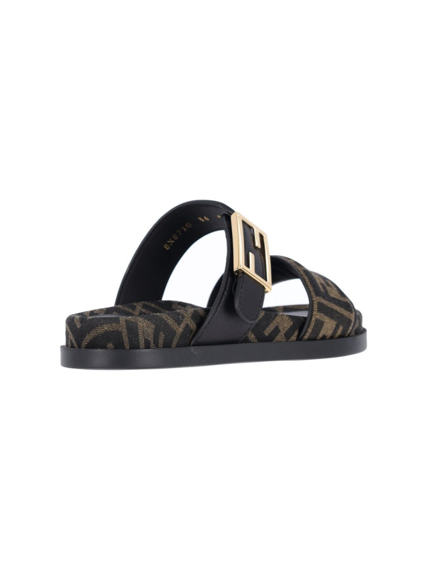 Fendi Brown Feel Embossed Logo Slide Sandals