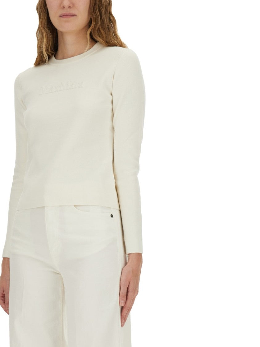 Max Mara Fitted White Jersey Top With Embossed Logo