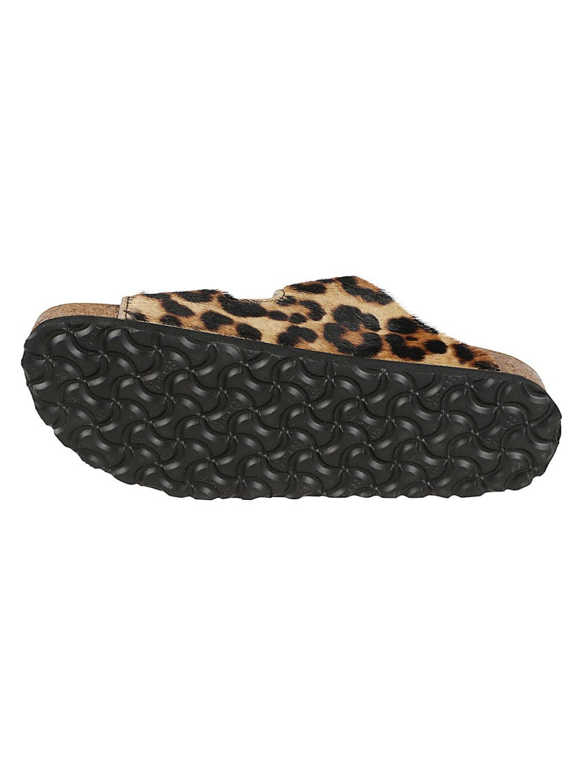 Birkenstock Arizona Fur Hex Leopard Print Two-Strap Leather Sandals