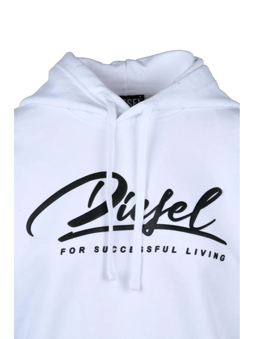 Diesel Cropped White Hooded Sweatshirt With Bold Logo And Ribbed Cuffs