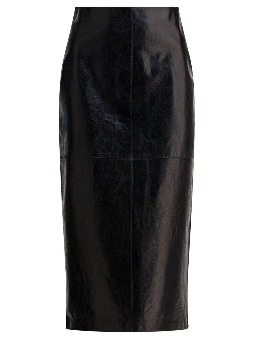 Max Mara Black Leather Midi Skirt With Exposed Seams