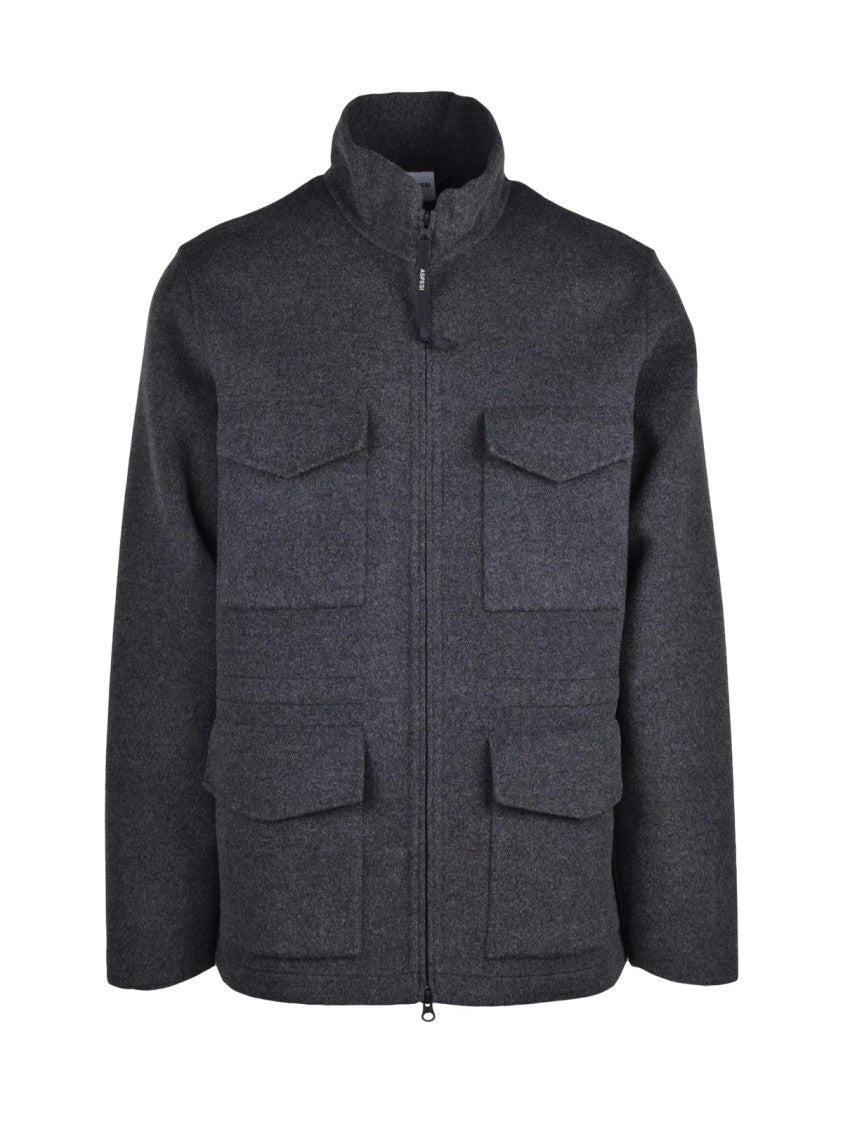 Aspesi Grey Structured High Collar Wool Jacket