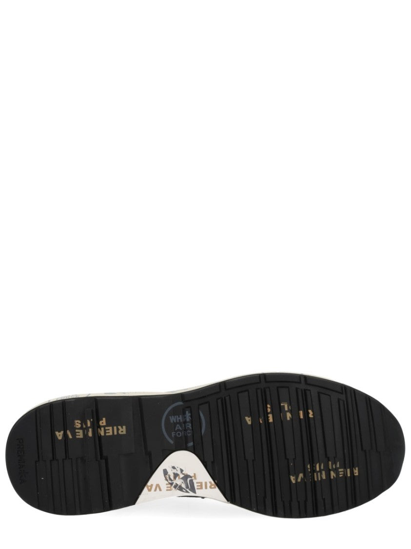 Premiata Dark Base Sneakers With Light Blue Laces And Cream Heel Accent