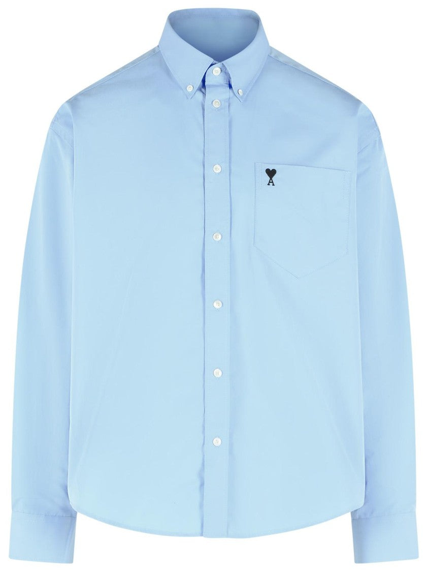 Ami Paris Boxy Light Blue Cotton Shirt With Embroidered Detail