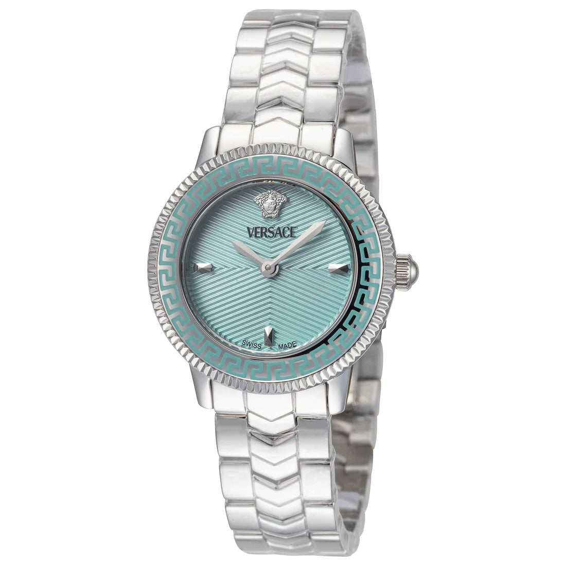 Versace Quartz Watch With Turquoise Dial And Greek Key Motif