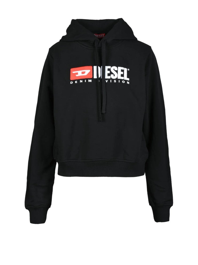 Diesel Cropped Black Sweatshirt With Hood And Bold Logo Print