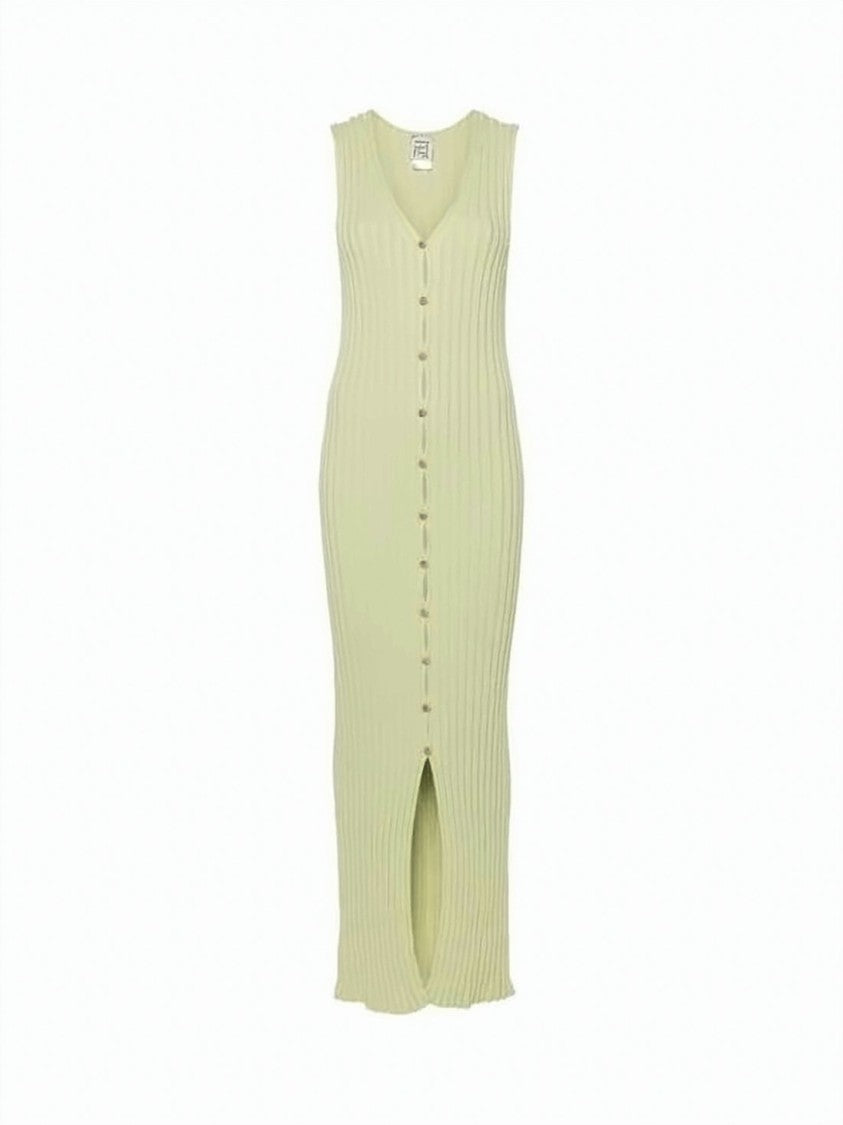 Baserange Ribbed Long Dress With V-Neckline And Button Closure