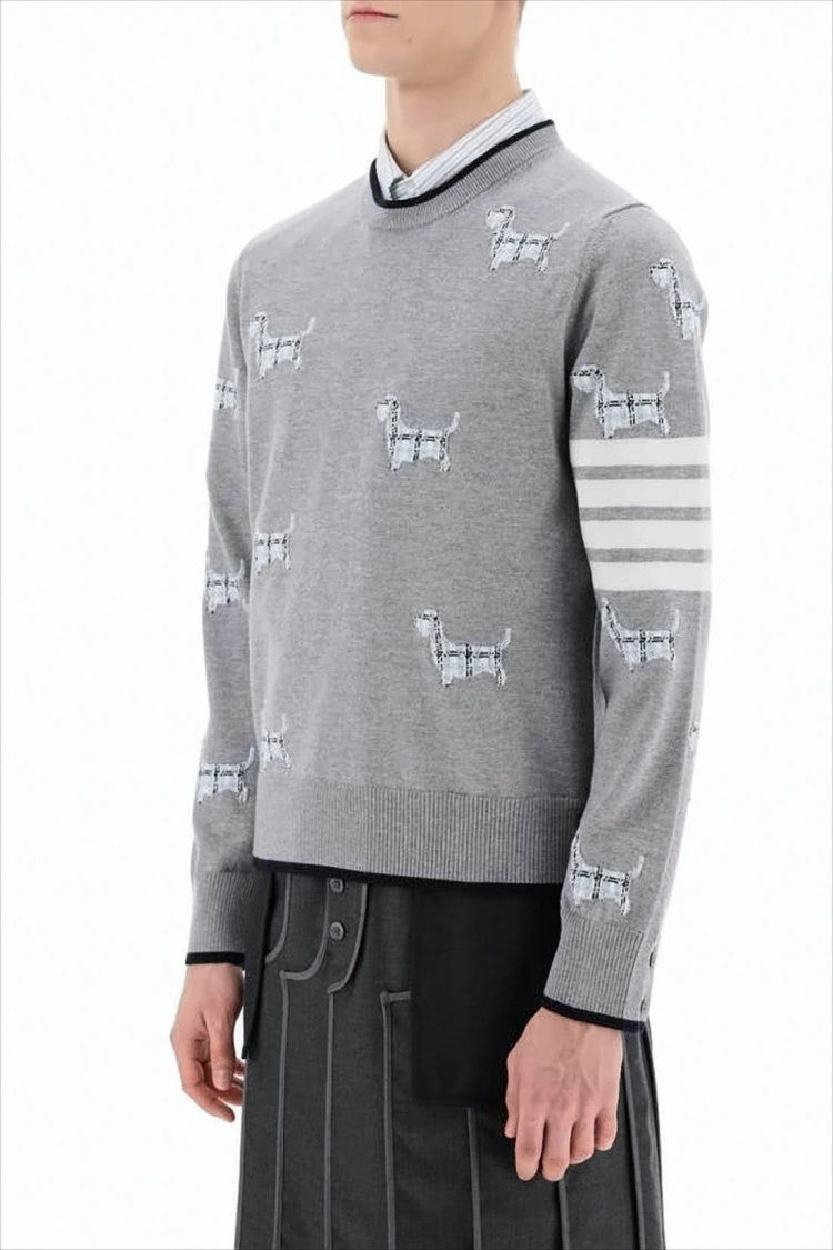 Thom Browne Grey Wool Sweater With Dog Motif And Signature Stripes