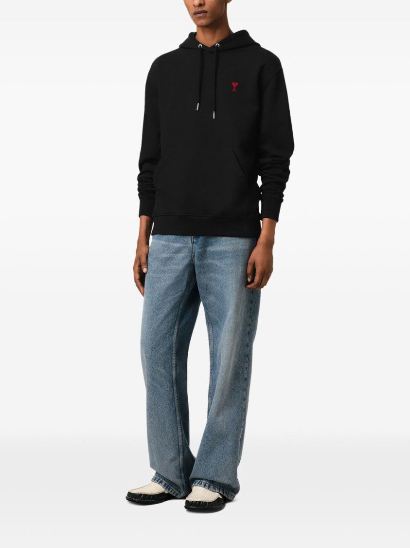 Ami Paris Black Hoodie With Adjustable Drawstring And Embroidered Heart
