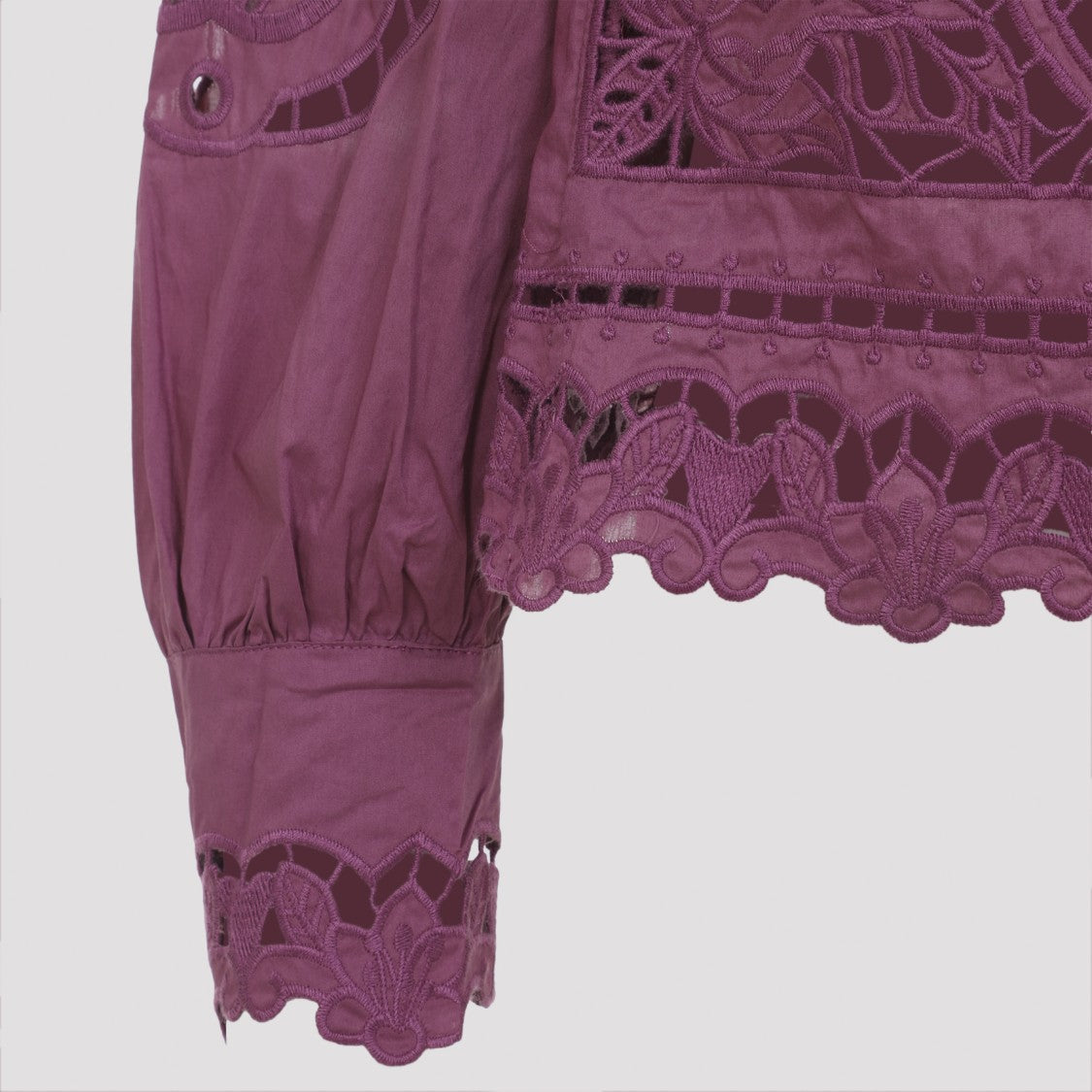 Farm Rio Lace-Embellished Purple Cotton Long-Sleeved Top