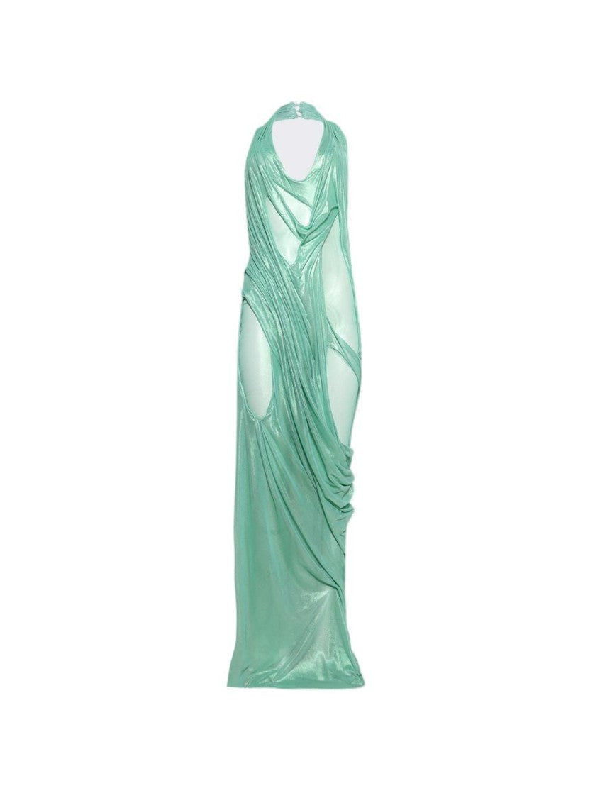 Di Petsa Siren Wetlook Halter Neck Long Dress Metallic Mint Green