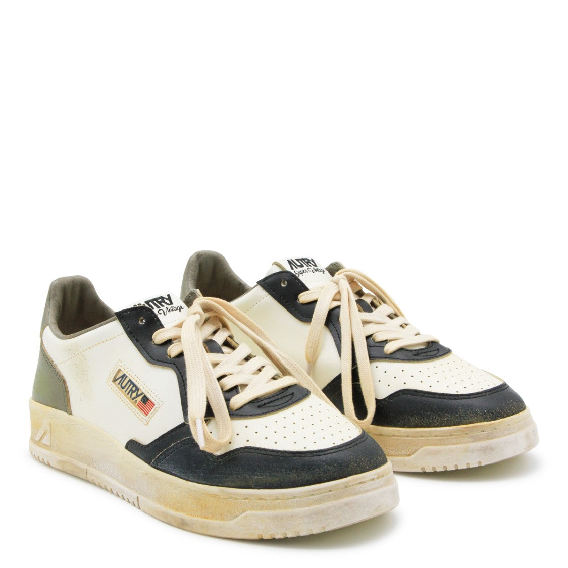 Autry White Black Green Super Vintage Paneled Leather Sneakers