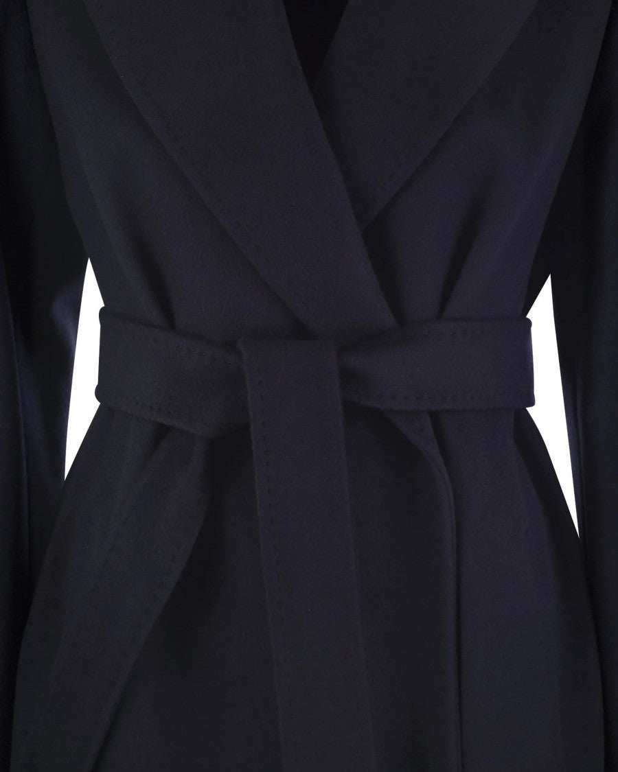 Max Mara Long Shawl Collar Coat With Waist Belt And Decorative Topstitching