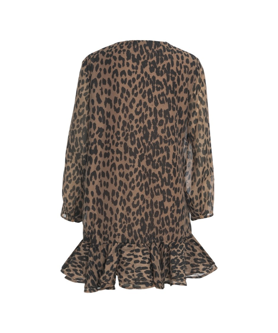 Baum Und Pferdgarten Animal Print Mini Dress With V-Neck And Ruffled Hem
