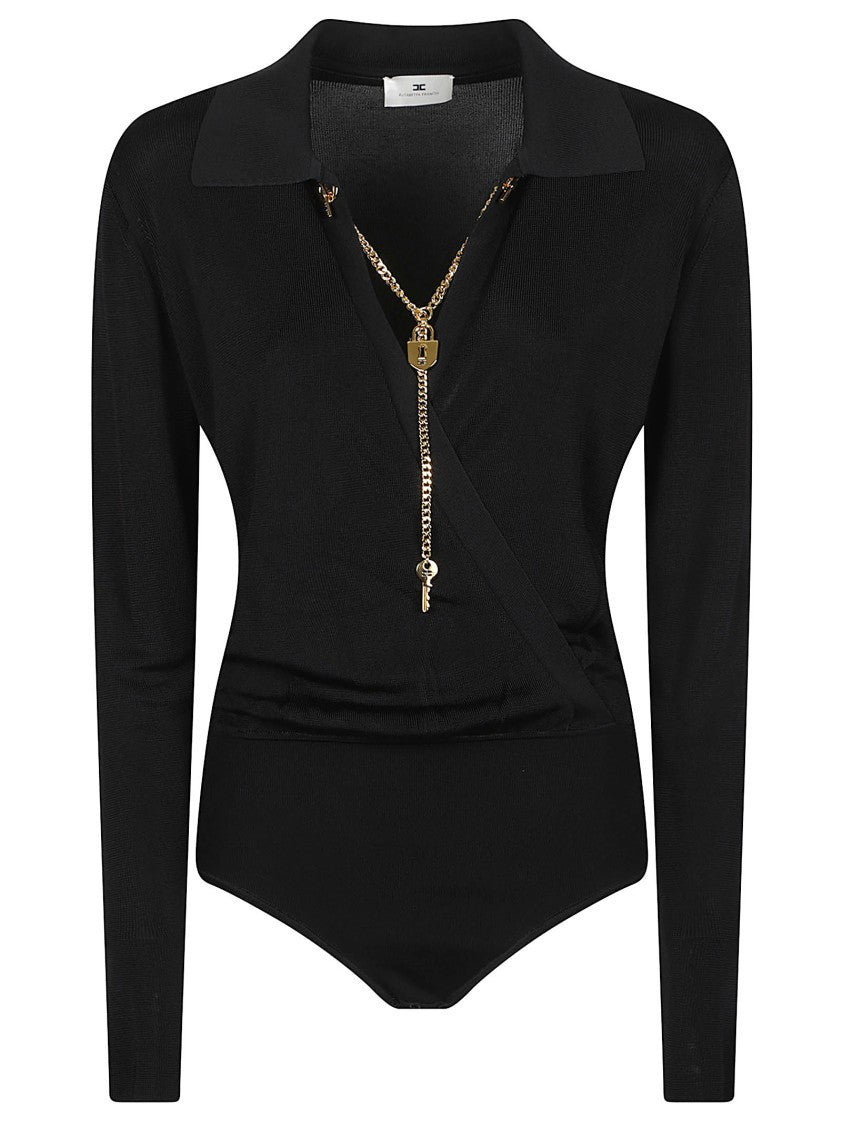 Elisabetta Franchi Long-Sleeve Chain Detail Viscose V-Neck Bodysuit