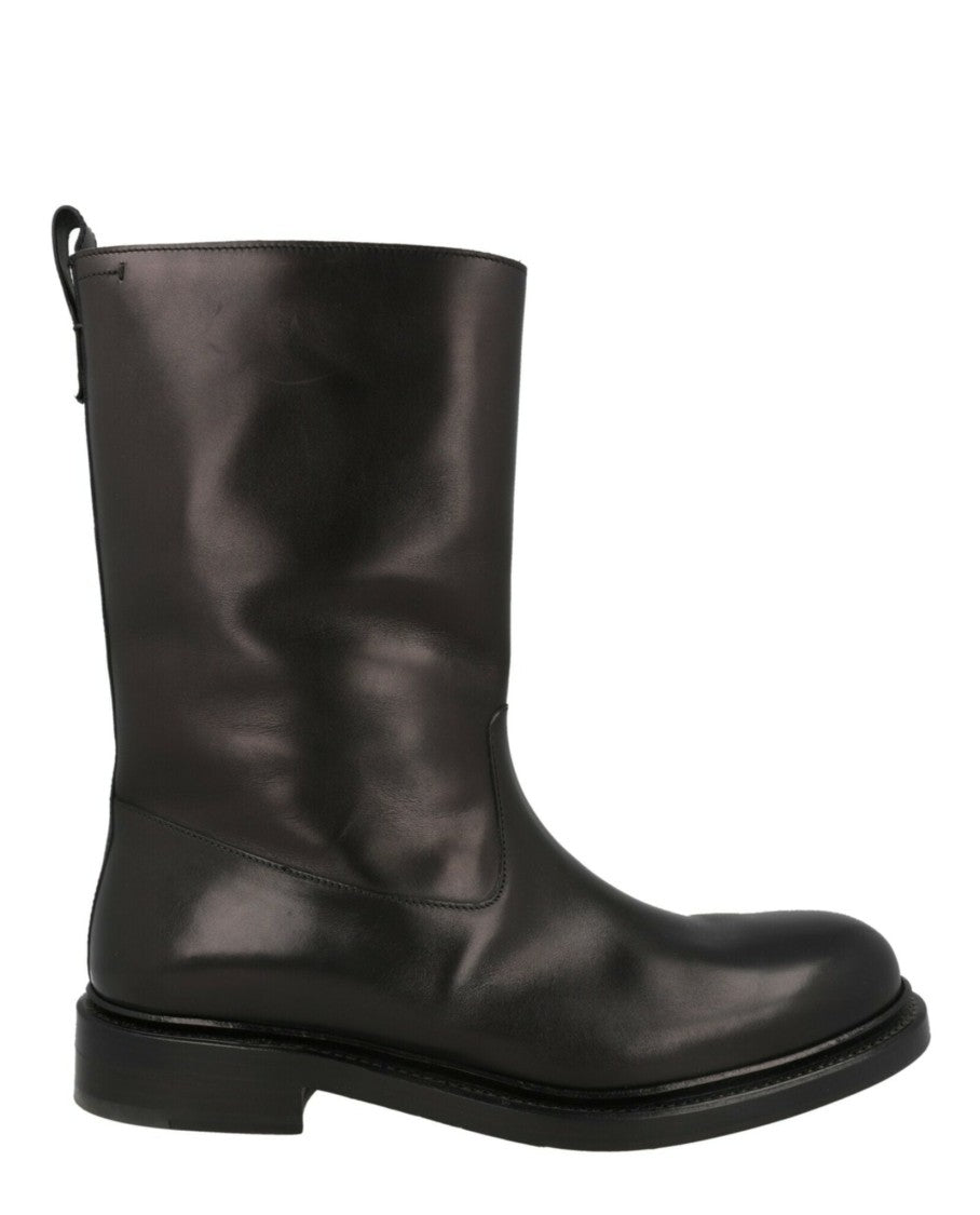Brioni Mid-Calf Leather Boots With Faux Fur Lining And Stacked Heel