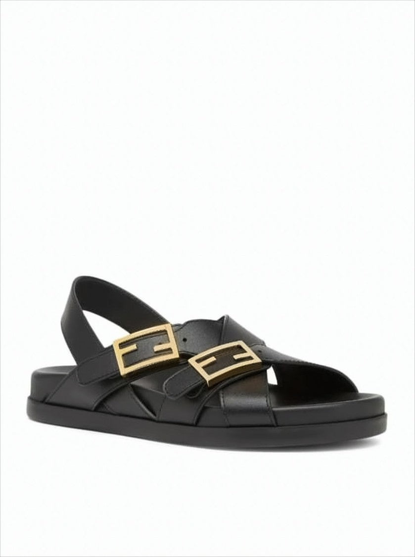 Fendi Black Leather Sandals With Gold-Tone Buckle Details