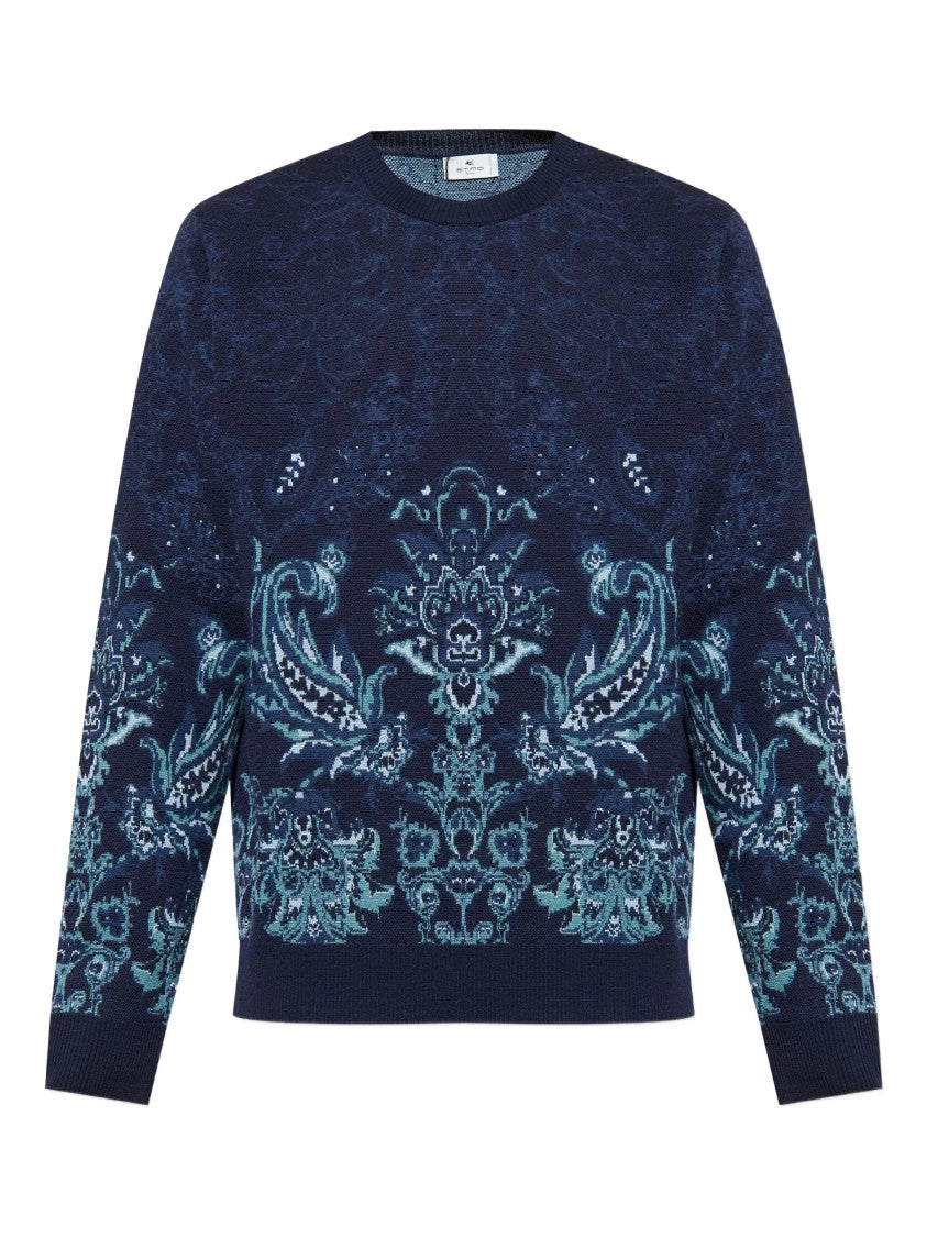 Etro Jacquard Floral Navy Wool Knit Sweater