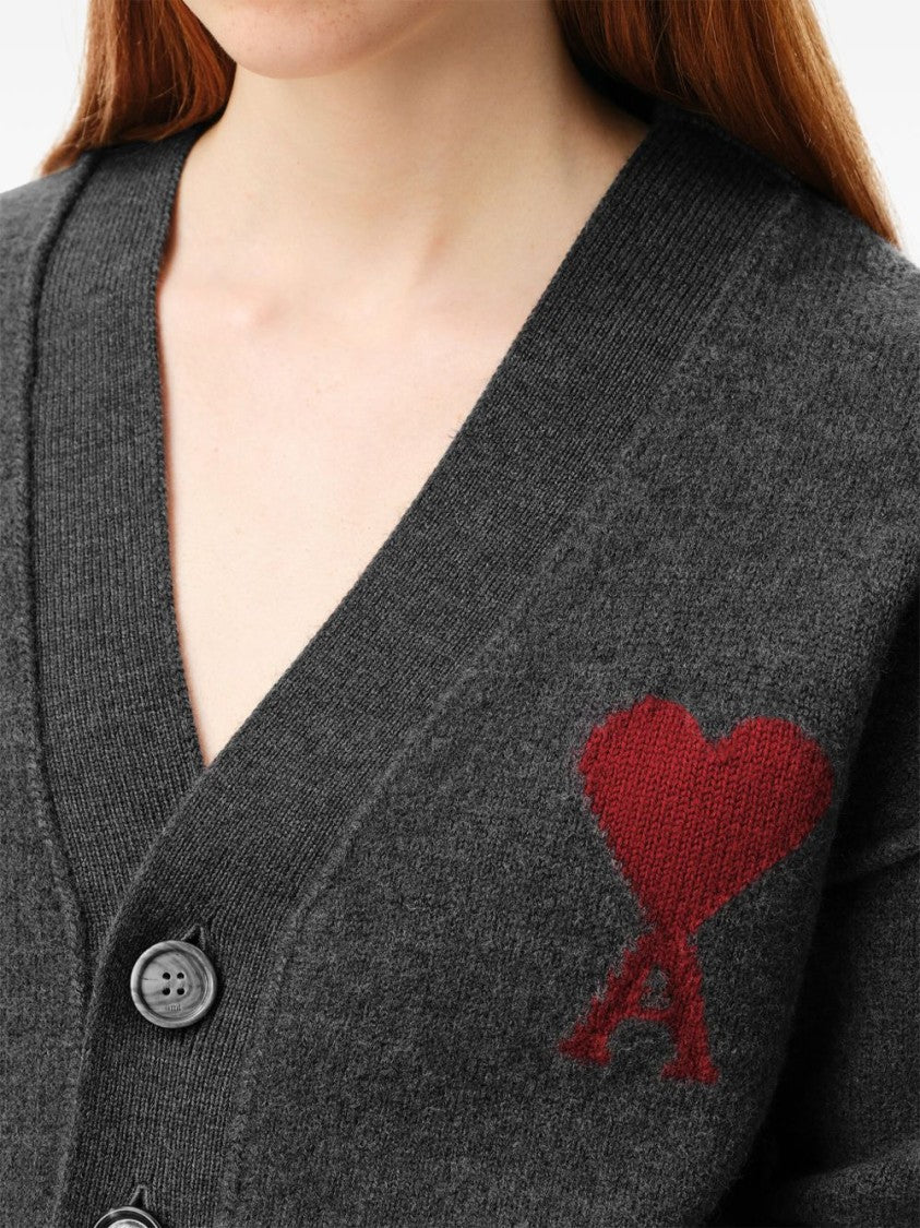 Ami Paris Dark Grey Cardigan Sweater With Iconic Heart Embroidery