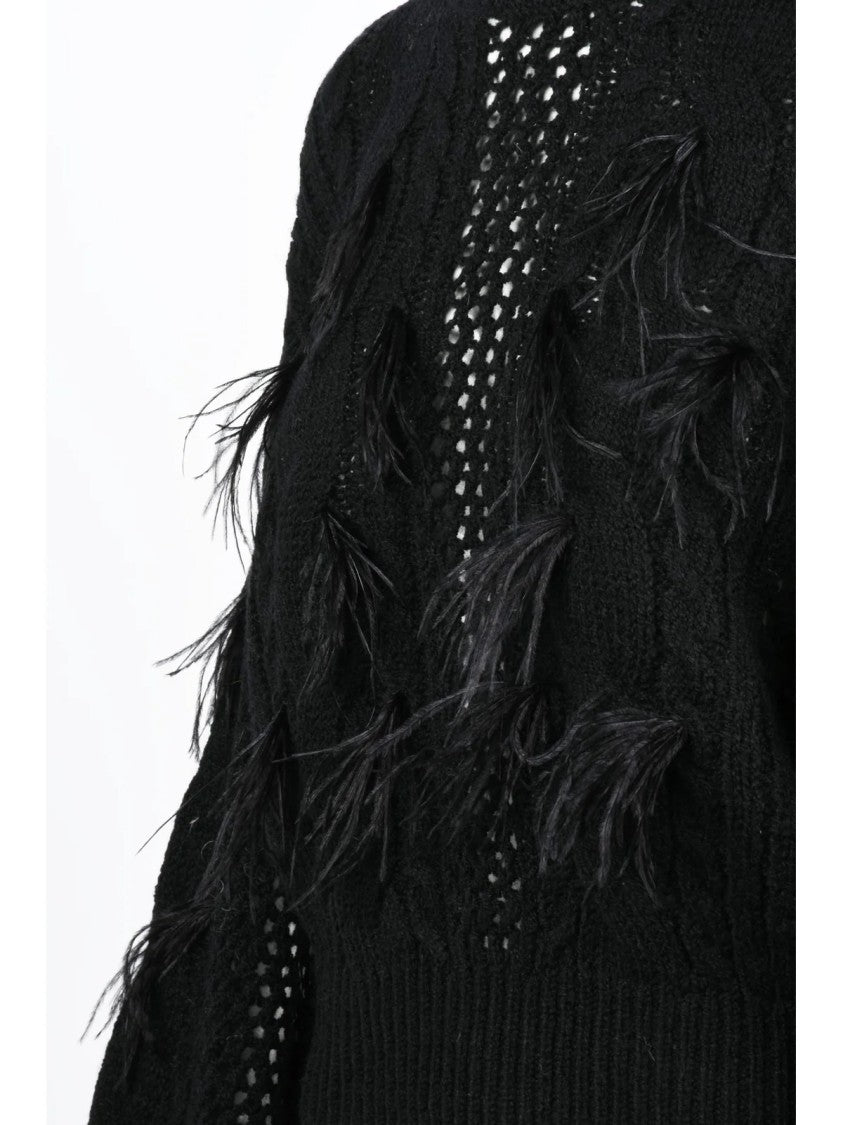 Twin-Set Black Feather Embellished Acrylic-Blend Crewneck Sweater