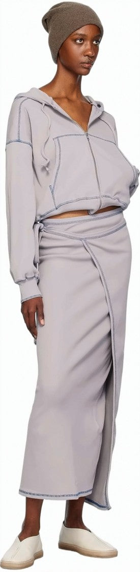 Baserange Asymmetrical Midi Skirt With Ribbed Texture And Waist Tie