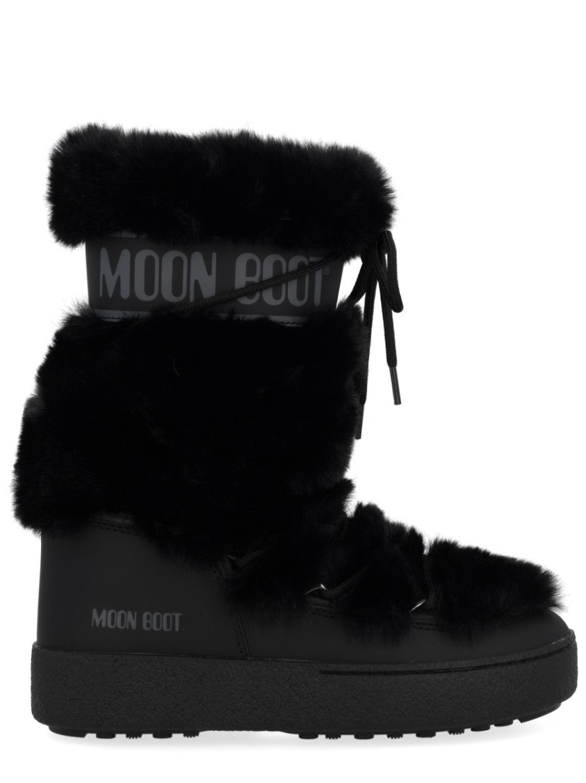Moon Boot Mid-Calf Plush Black Boots With Lace-Up Detail