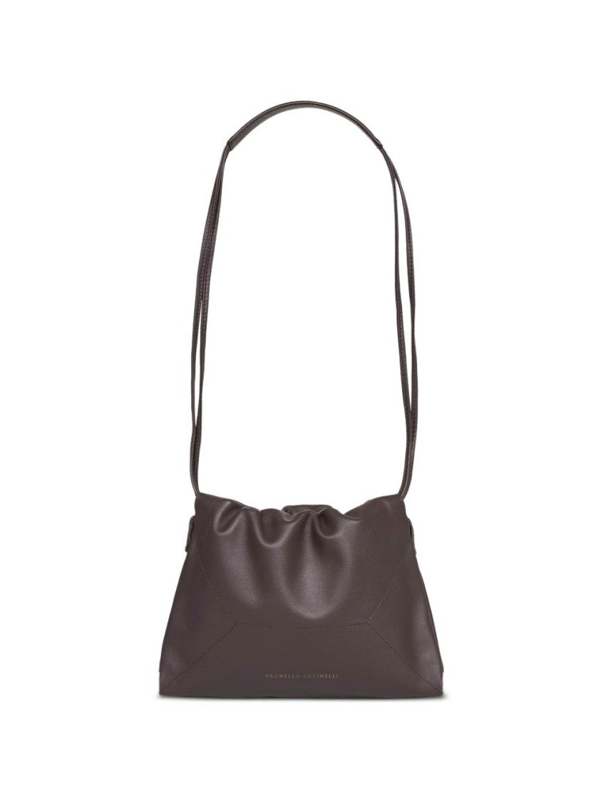 Brunello Cucinelli Brown Rectangular Leather Gathered Top Shoulder Bag