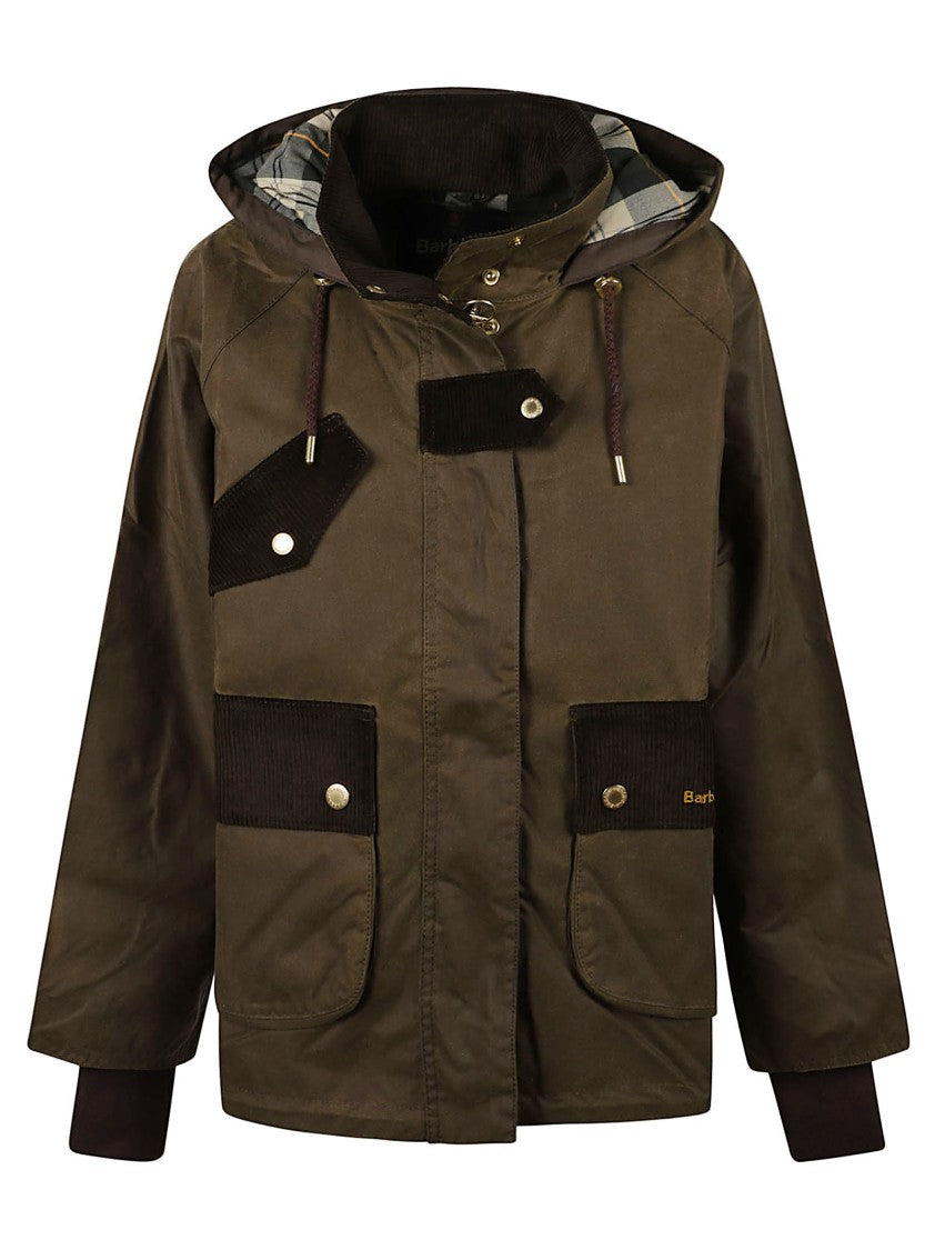 Barbour Waxed Finish Olive Green Willowmere Jacket With Corduroy Detailing