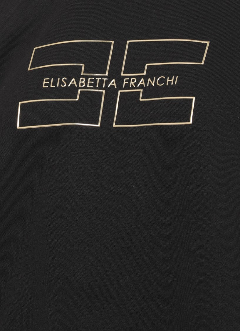 Elisabetta Franchi Black Cropped Embossed Gold Logo Cotton Sweatshirt