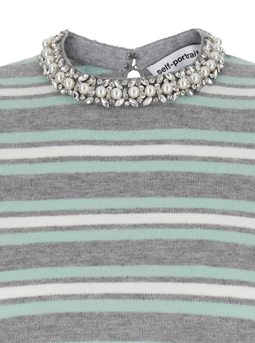 Self-Portrait Grey Striped Crystal Trim Knit Top