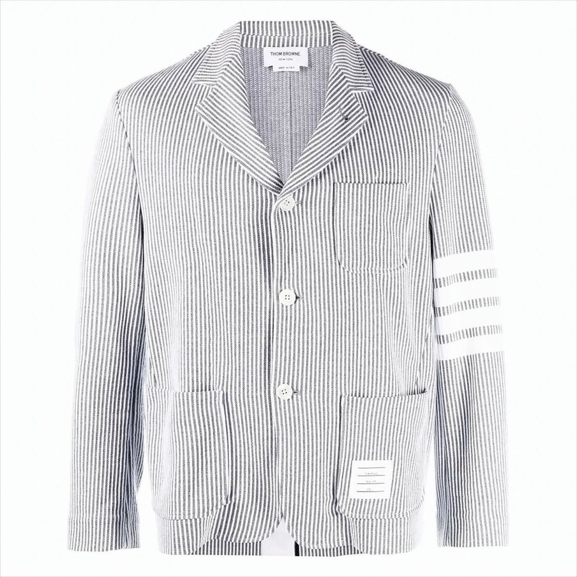 Thom Browne Seersucker Stripe Tailored Jacket With Four-Bar Accent
