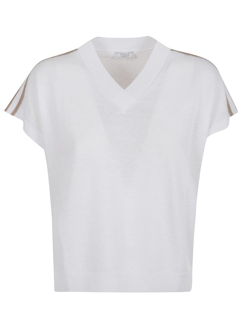Peserico V-Neck Linen Blend Sweater With Striped Shoulder Detail