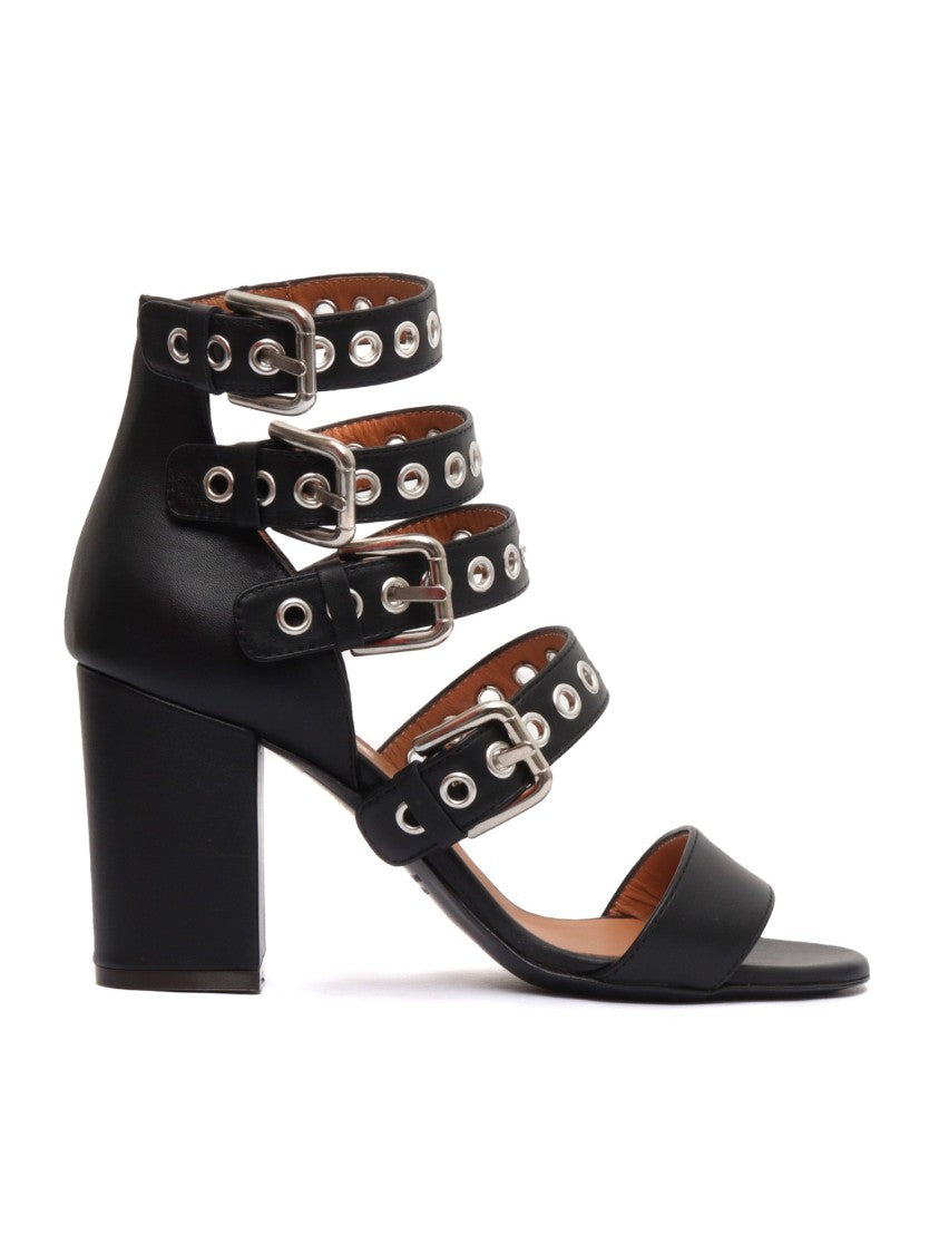 Via Roma 15 Black Leather Sandals With Four Adjustable Straps