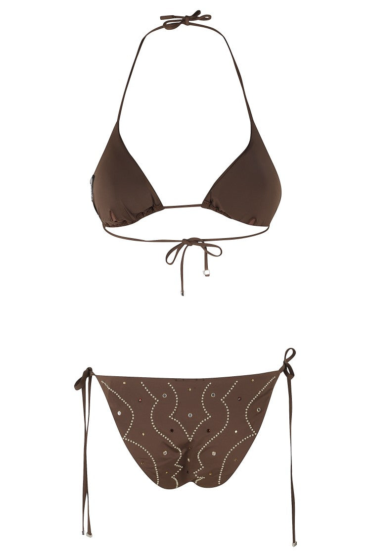 Venuja Triangle Studded Rhinestone Drawstring Bikini Set