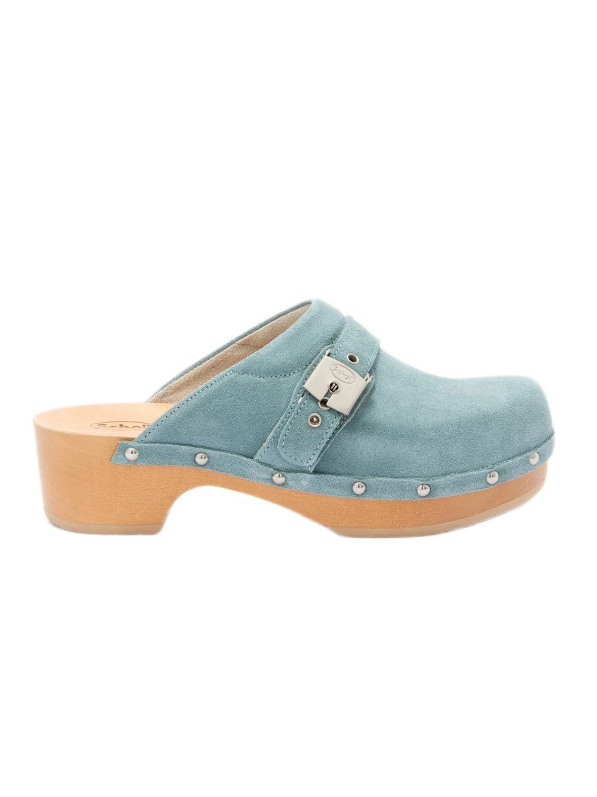 Scholl Light Blue Suede Clogs With Silver Buckle And Wooden Base