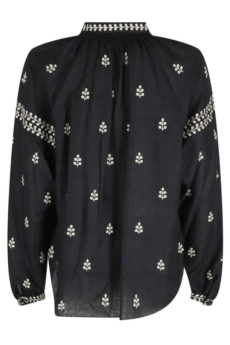 Isabel Marant Black Rodis Gb Embroidered Deep V-Neck Silk Blouse