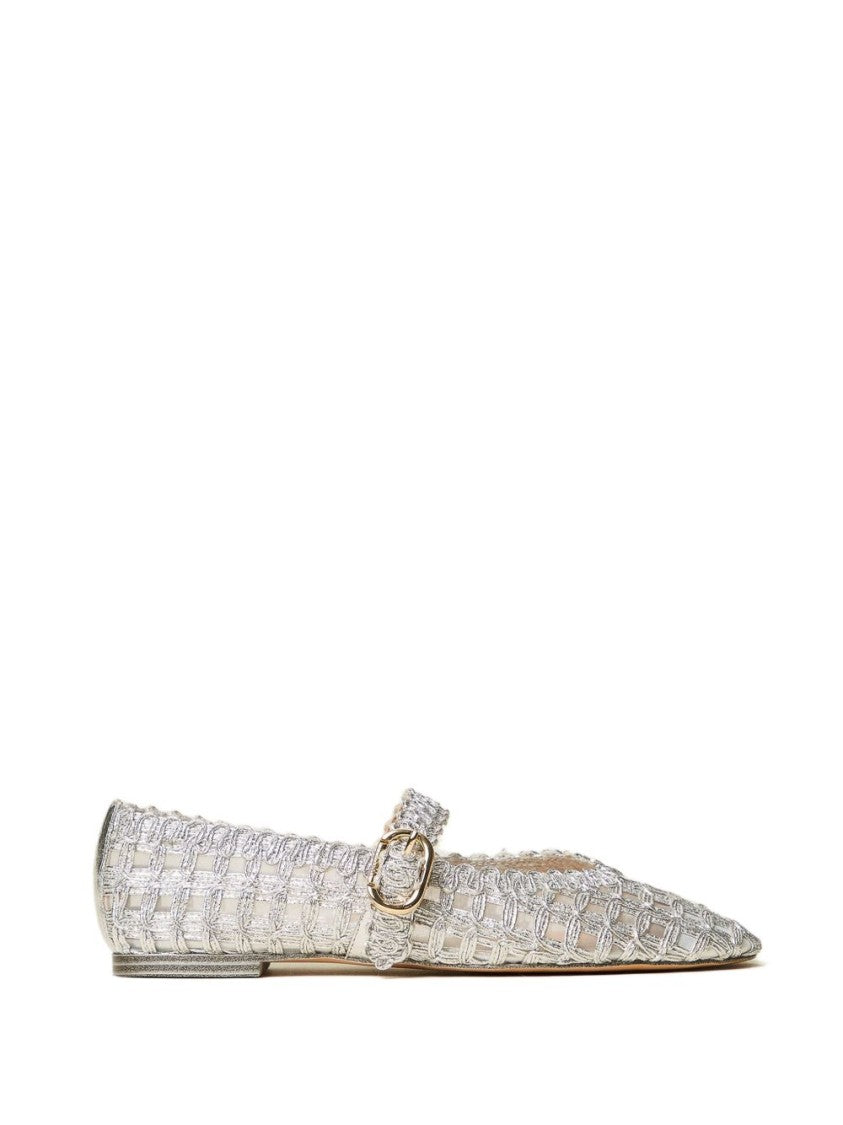 Twin-Set Silver-Tone Woven Design Flat Shoes With Buckle Fastening