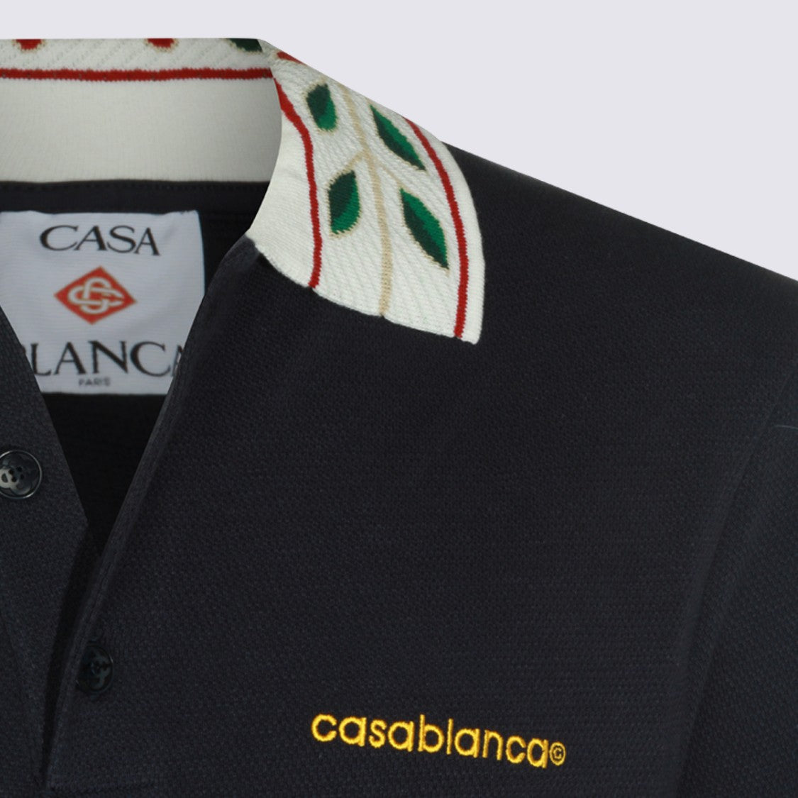 Casablanca Classic Black Polo Shirt With Leaf Pattern Collar
