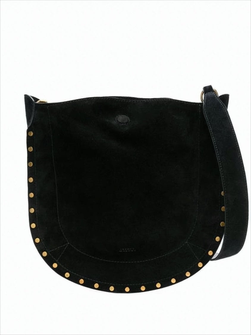 Isabel Marant Curved Black Suede Shoulder Bag With Gold-Tone Studs