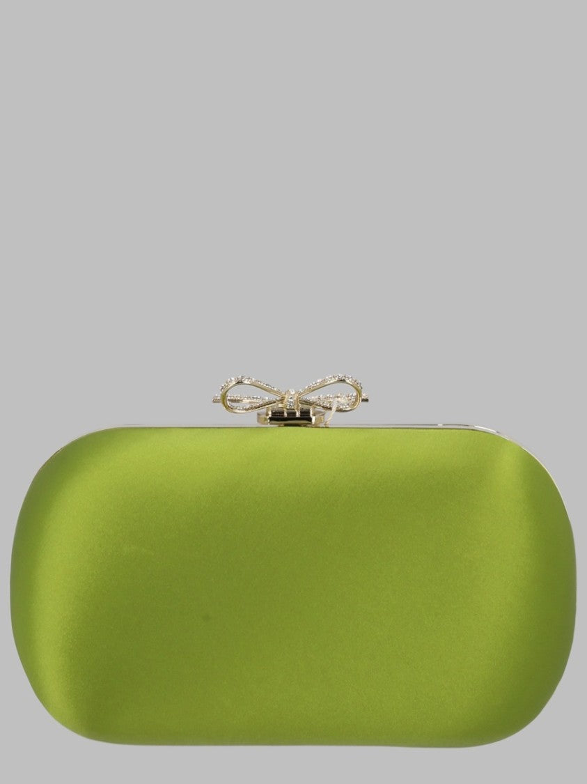 Self-Portrait Green Satin Bow Clasp Chain-Strap Polyester Clutch