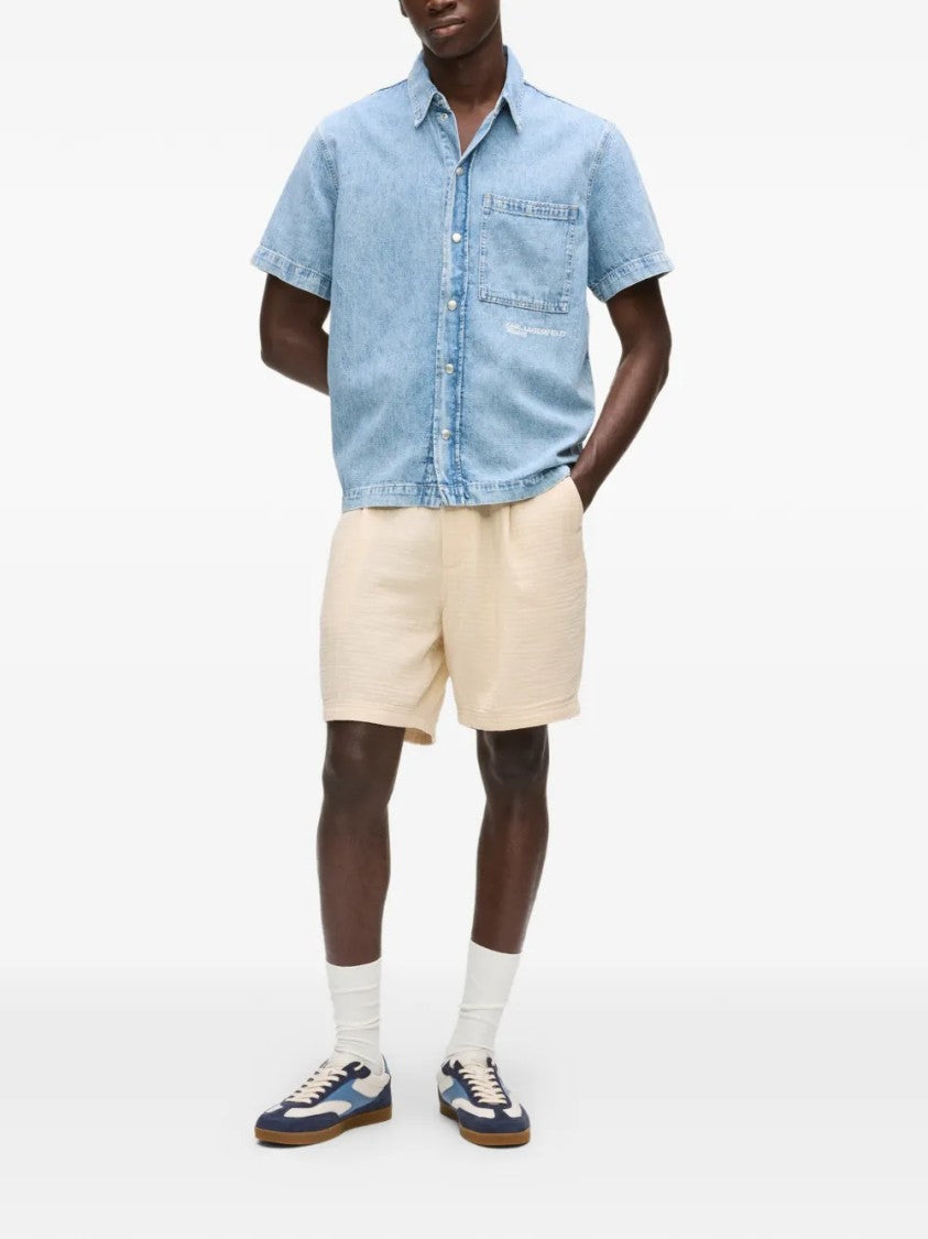 Karl Lagerfeld Light Blue Denim Short-Sleeve Shirt With Classic Collar