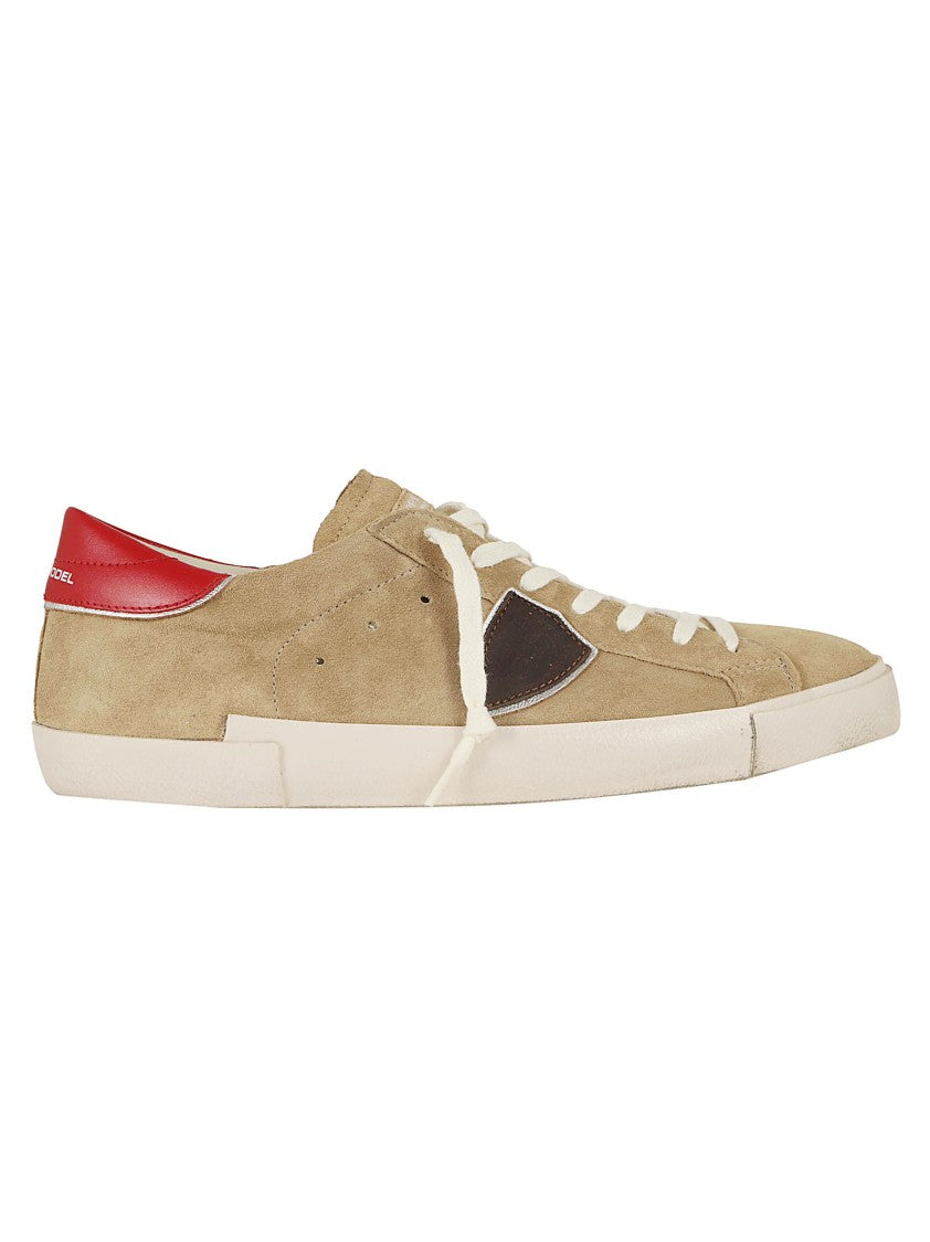 Philippe Model Beige Suede Low-Top Sneakers With Red Heel Tab