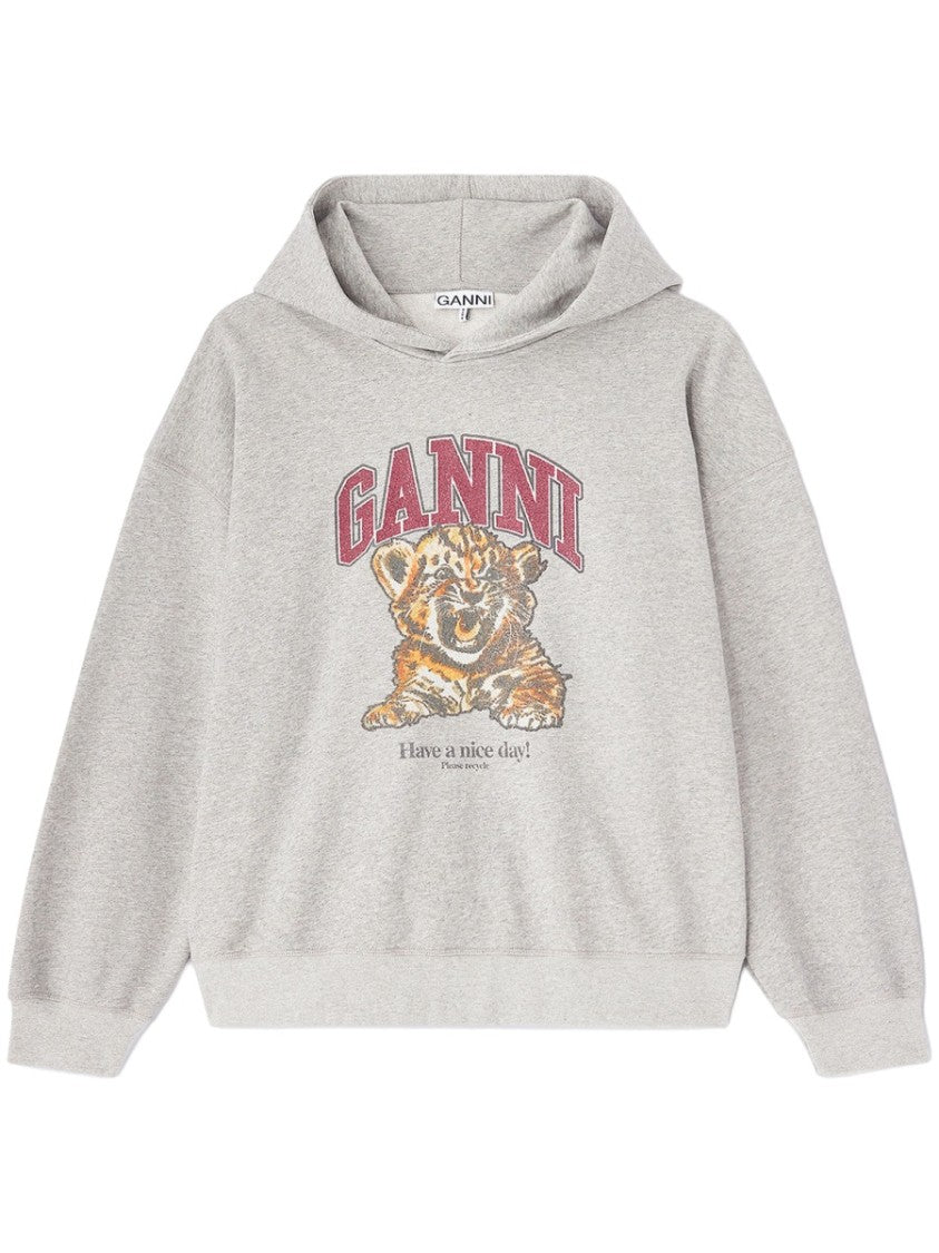 Ganni Grey Tiger Cub Graphic Organic Cotton Hoodie