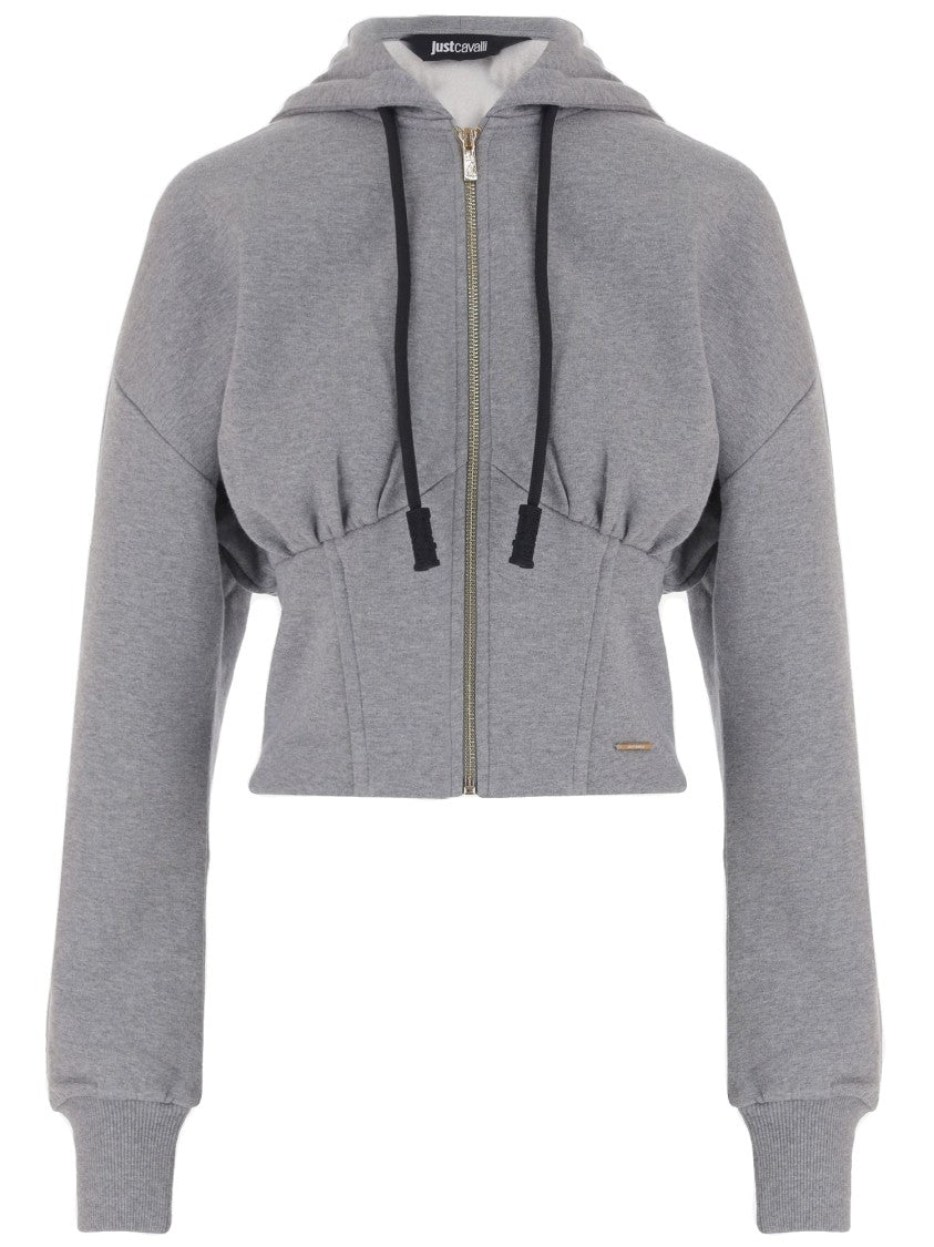 Just Cavalli Medium-Gray Cotton Sweatshirt With Zip Closure And Gathered Waist Detail
