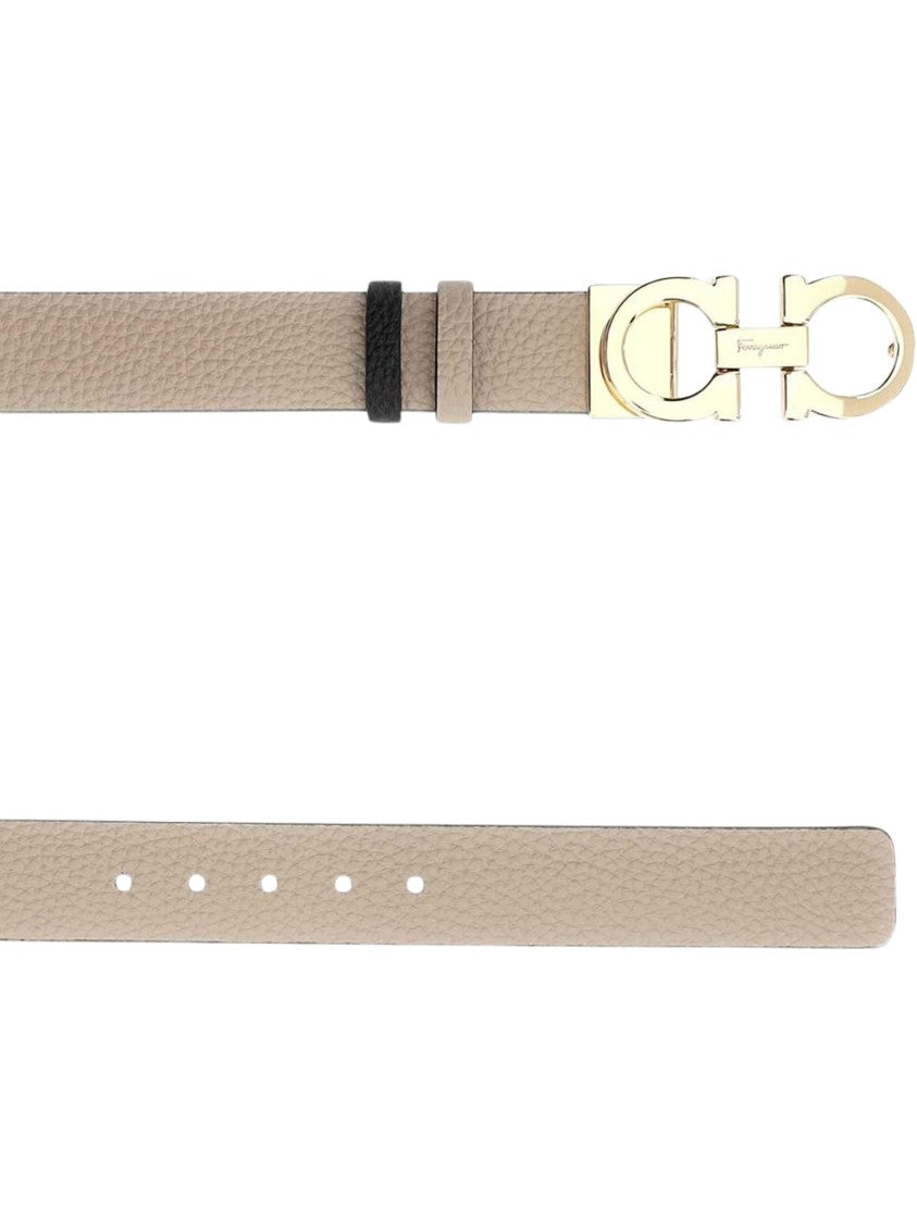 Ferragamo Textured Beige Leather Belt With Gold-Tone Gancini Buckle