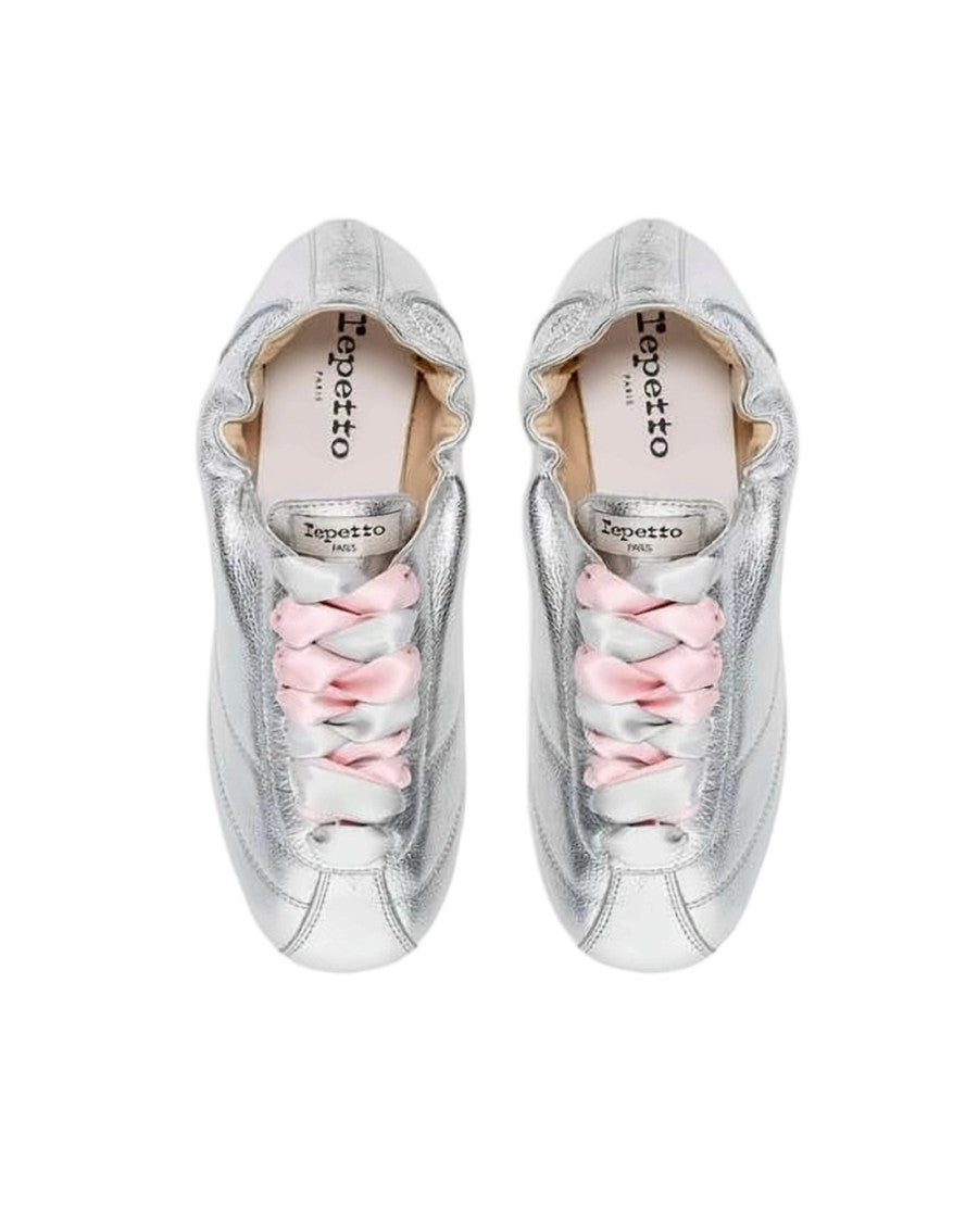 Repetto Metallic Silver Leather Sneakers With Satin Laces
