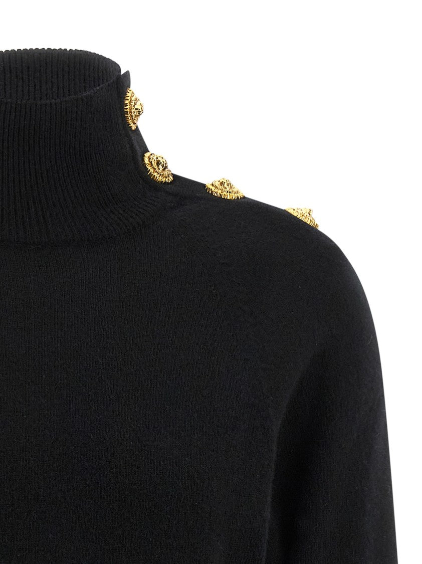Balmain Black Cashmere-Wool Sweater With High Neck And Metal Detail