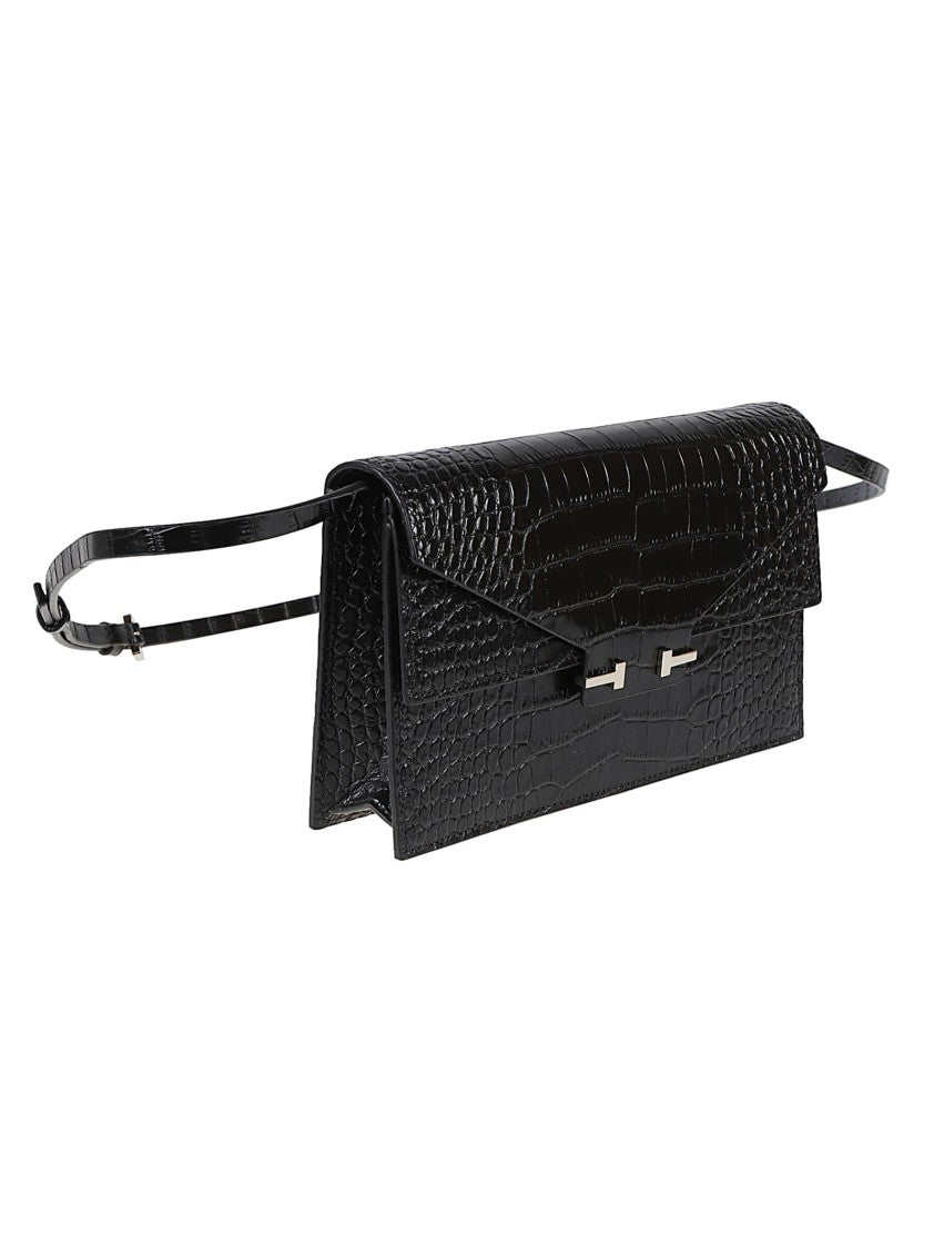 Tom Ford Black Crocodile Effect Buckle Shoulder Bag