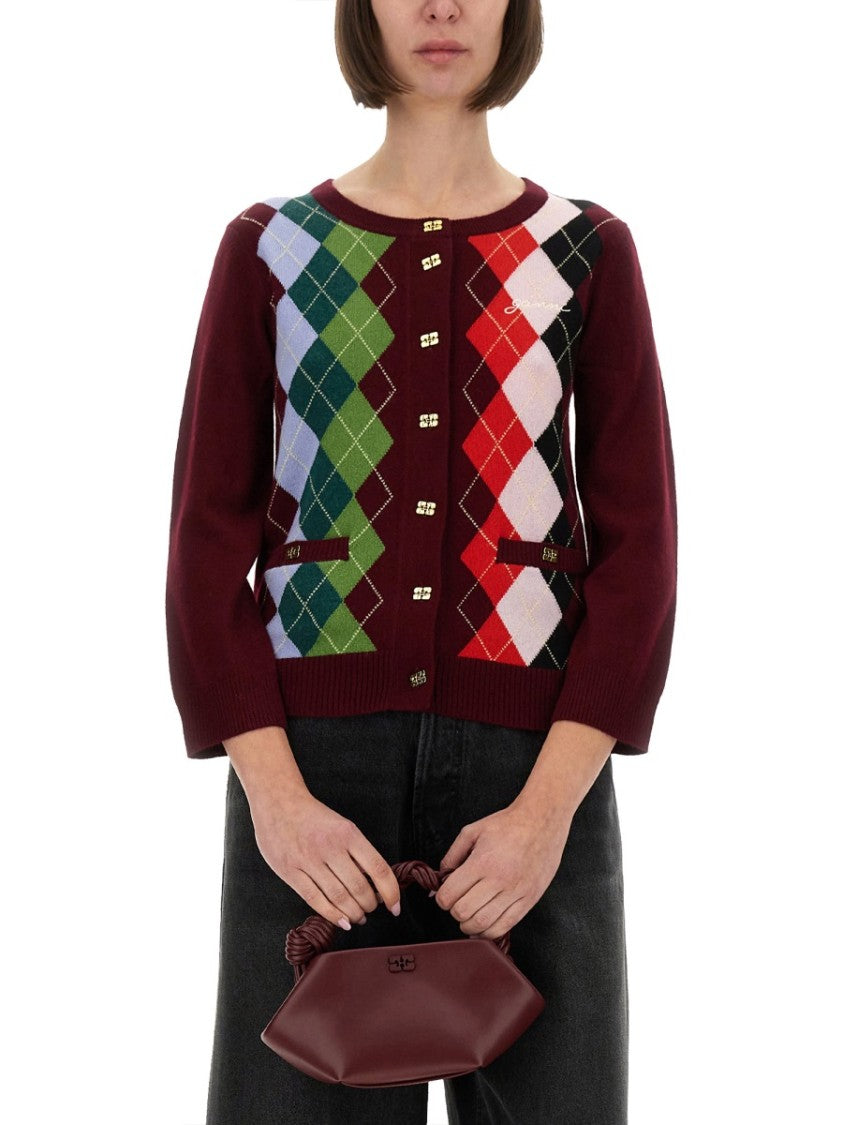 Ganni Burgundy Argyle Cardigan With Three-Quarter Sleeves